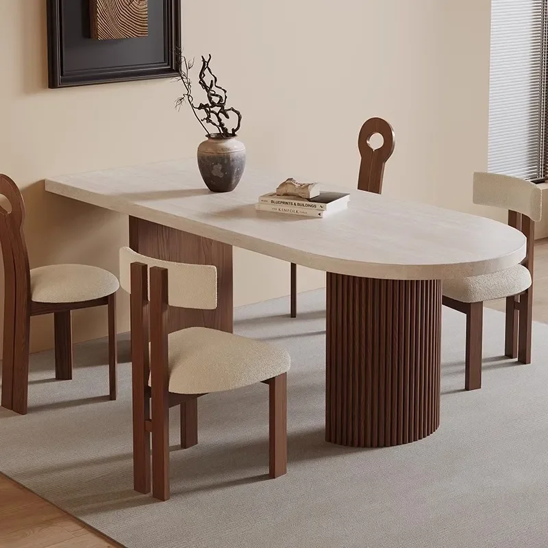 for Medieval Travertine Rock Slab Dining Table Household Small Apartment Ash Wood Semi-oval Island Platform Cream Style