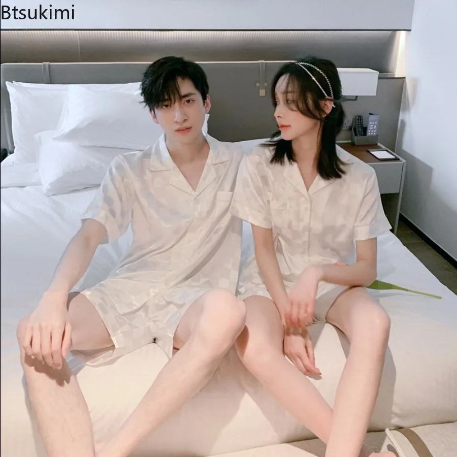 New 2026 Spring and Summer Men's Pajama Set Ice Silk Couple Pajamas Plaid Sleepwear Short Sleeve Shirt Shorts Male Homewear Suit