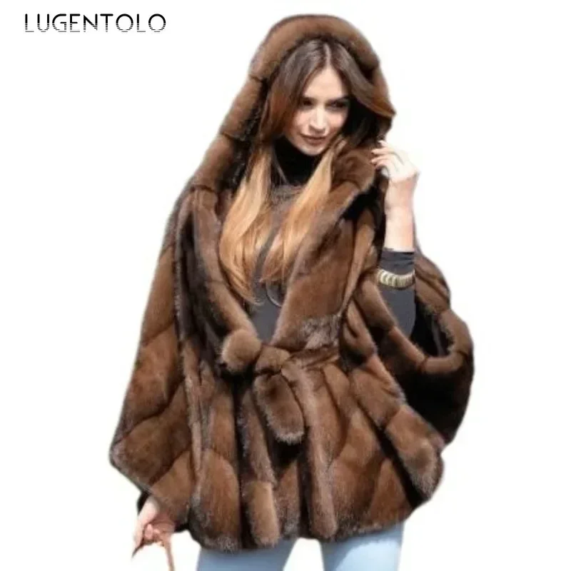 Women New Faux Fur Hooded Coat Autumn Winter Elegant Warm Quality Female Casual Lace-up Street Fashion Outwear Cloth