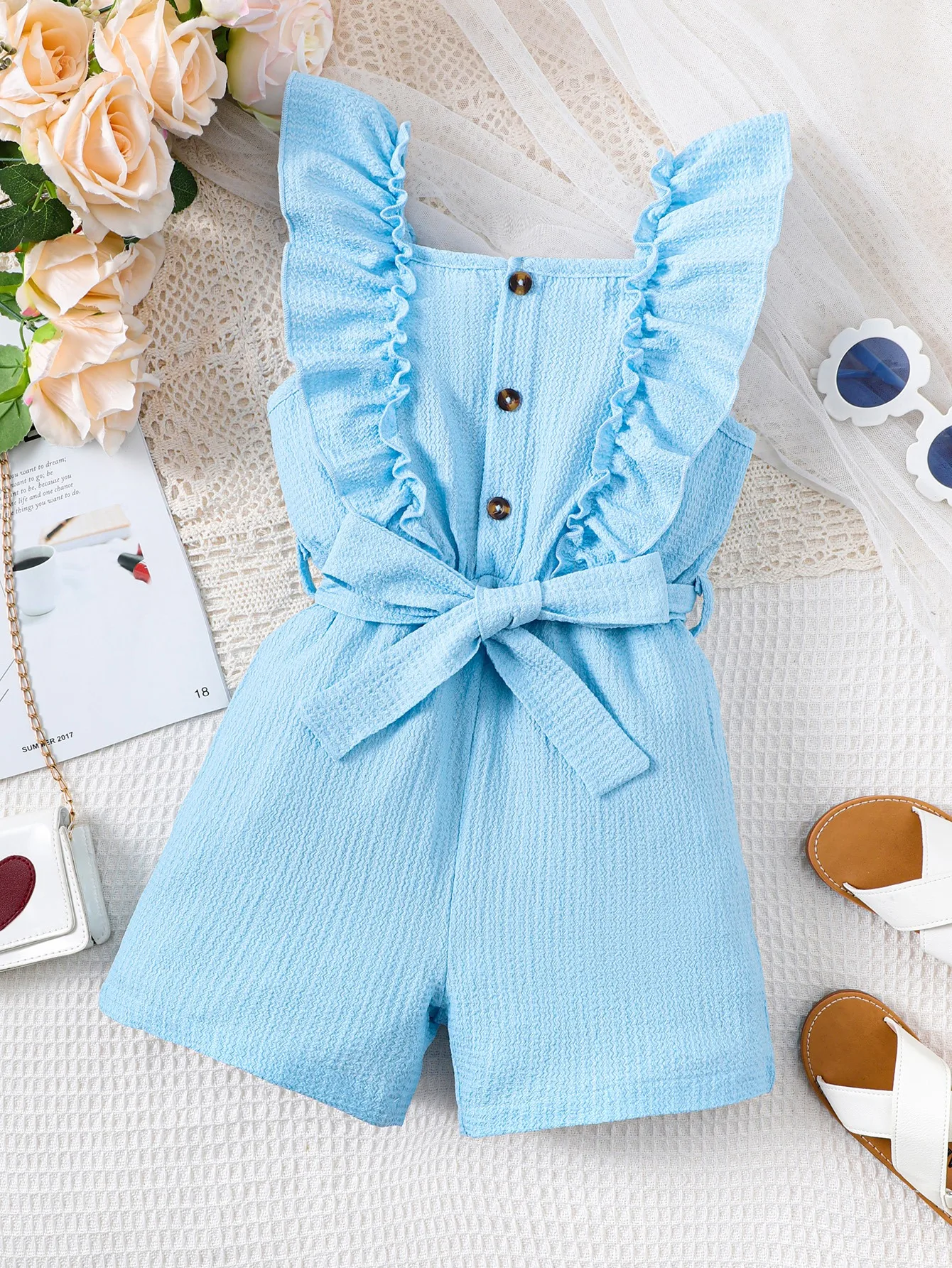 New 2024 Child Girl Summer Jumpsuit Flutter Sleeve Solid Color with Belt Bodysuit Holiday Party Clothing for Kid Girl 4-7 Years