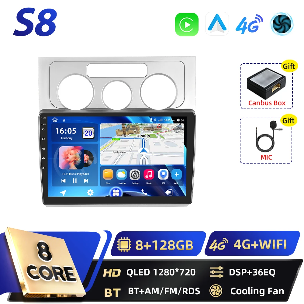 Podofo 8+128G 2din Android autoradio voor Volkswagen Touran 2006-2008 met Carplay, FM, GPS navigatie, DSP, Android Auto, RDS en BT