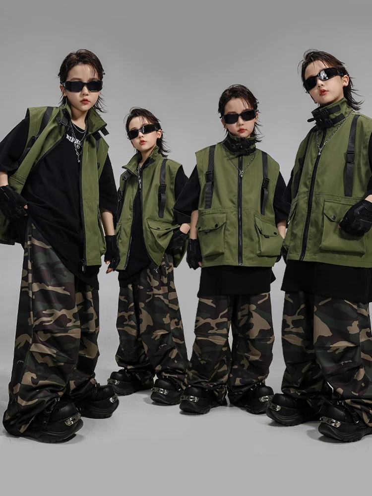 

2025 New Hip Hop Jazz Dance Costumes Boy Loose Jacket Tops Camouflage Cargo Pants Practice Street Dance Wear Clothing DQL10776