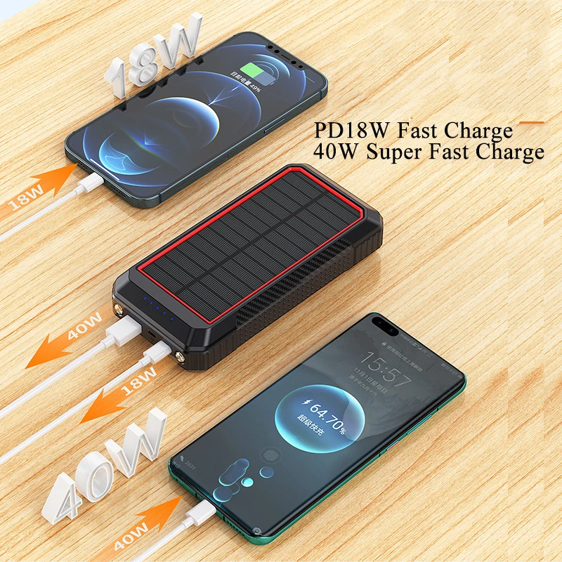 40W Super Fast Charging 33800mAh Solar Power Bank with 4 Cables 15W Wireless Powerbank for iPhone 14 13 12 Samsung Xiaomi Huawei