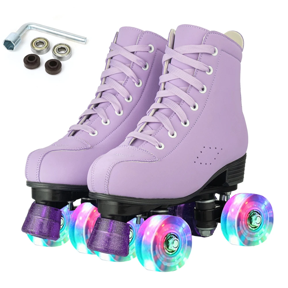 Patines de cuero Artificial de calidad, zapatos, patines de ruedas azules morados para mujer con ruedas iluminadas, zapatillas deportivas para exteriores