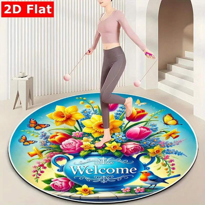 Welcome Flower Vase Round Rug Flannel Bright Spring Garden Theme Entryway Kitchen Bathroom Decor Non Slip Washable Floor Mat