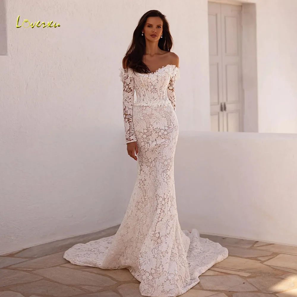 

Loverxu Mermaid Sexy Wedding Dresses Off The Shoulder Long Sleeve Vestido De Novia Lace Embroidery Custom Made Bridal Gowns