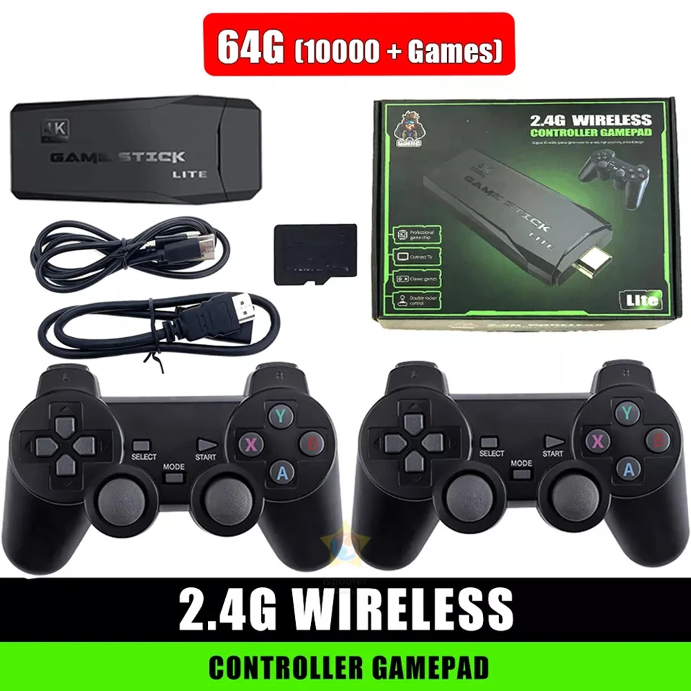 4K 64G Video Game Console Stick Lite Built-in 1000 Games Retro Games Console Wireless Controller For GBA Xmas Gift Dropshipping