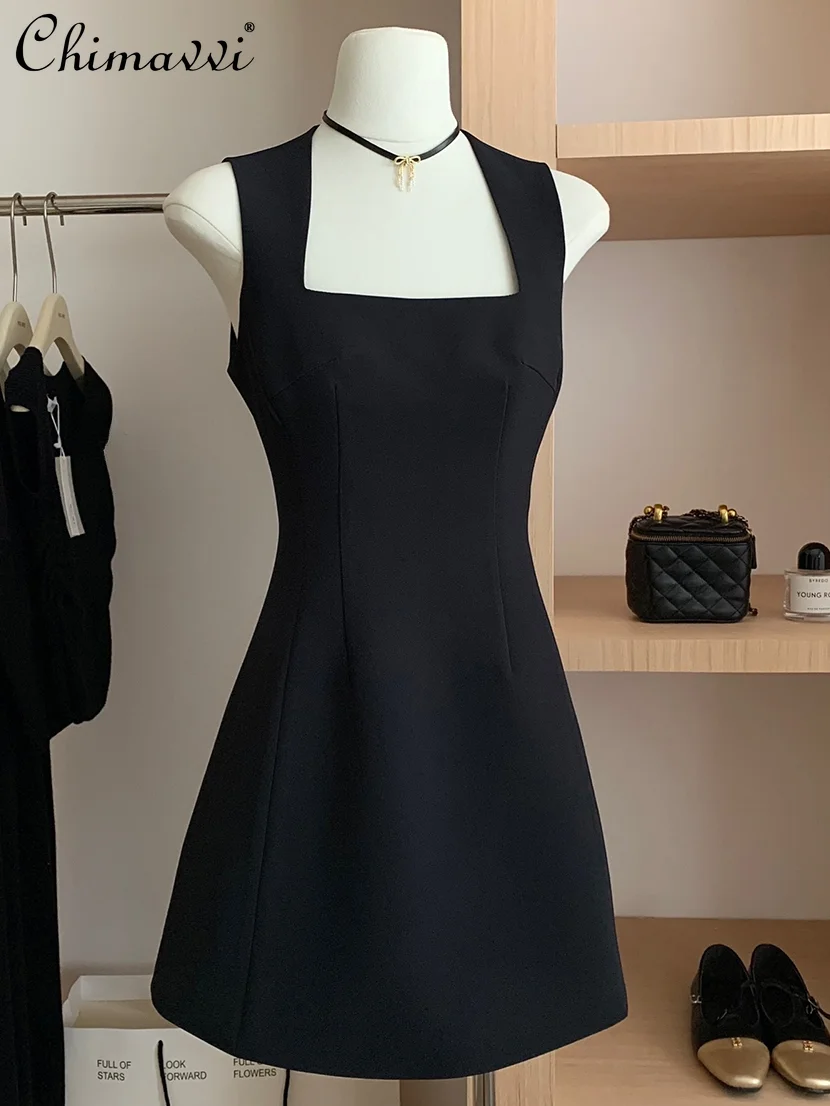 

French Style Black Vest Dress Women's Slim Fit Inner Wear Summer New Fashion Temperament Square Collar A- Line Short Suit Dress