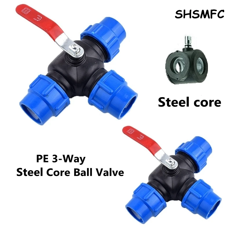 

1Pcs 25mm 32mm 40mm 50mm Water Pipe Plastic Steel Core Ball Valve 3-Way Quick Connector T-Type PVC PE Fast Connection