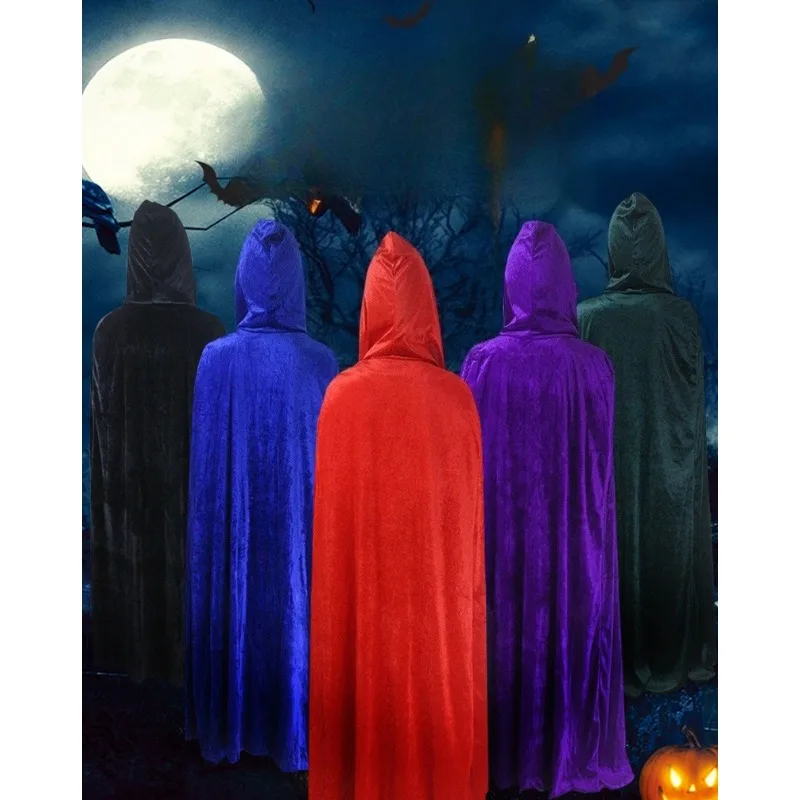 1PCS Halloween Cosplay Cloak Polyester Velvet‑Texture Hooded Train Cloak With Tie Design Holiday Party Masquerade DIY Dress‑up