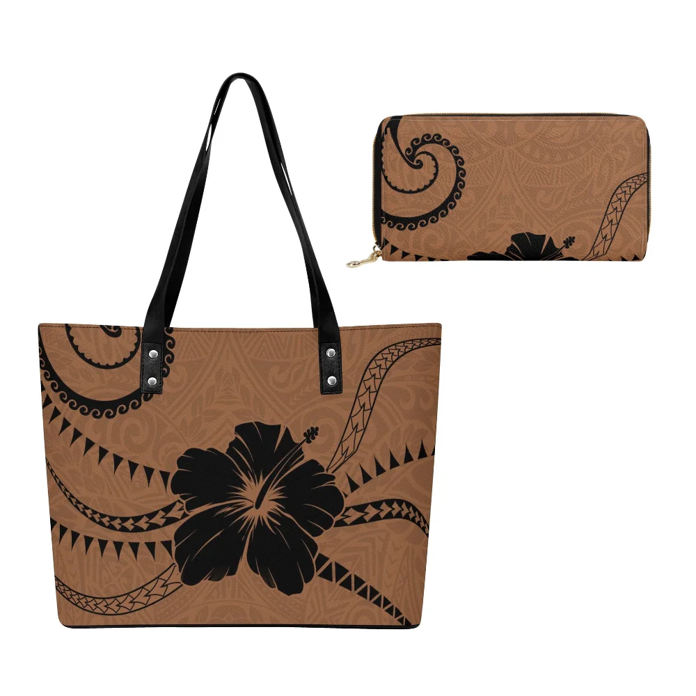 

Customizable Polynesian Vibe Leather Handbag Wallet Duo Womens Casual Printed Art Pattern Spacious Tote Shopping Bag
