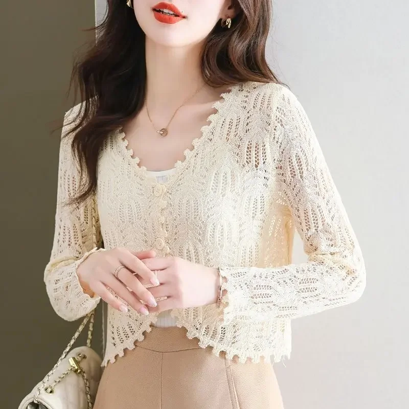Knitted sweater, short, small, thin, sunscreen jacket, women\'s outerwear, cardigan, shawl, long sleeved, hollowed out top