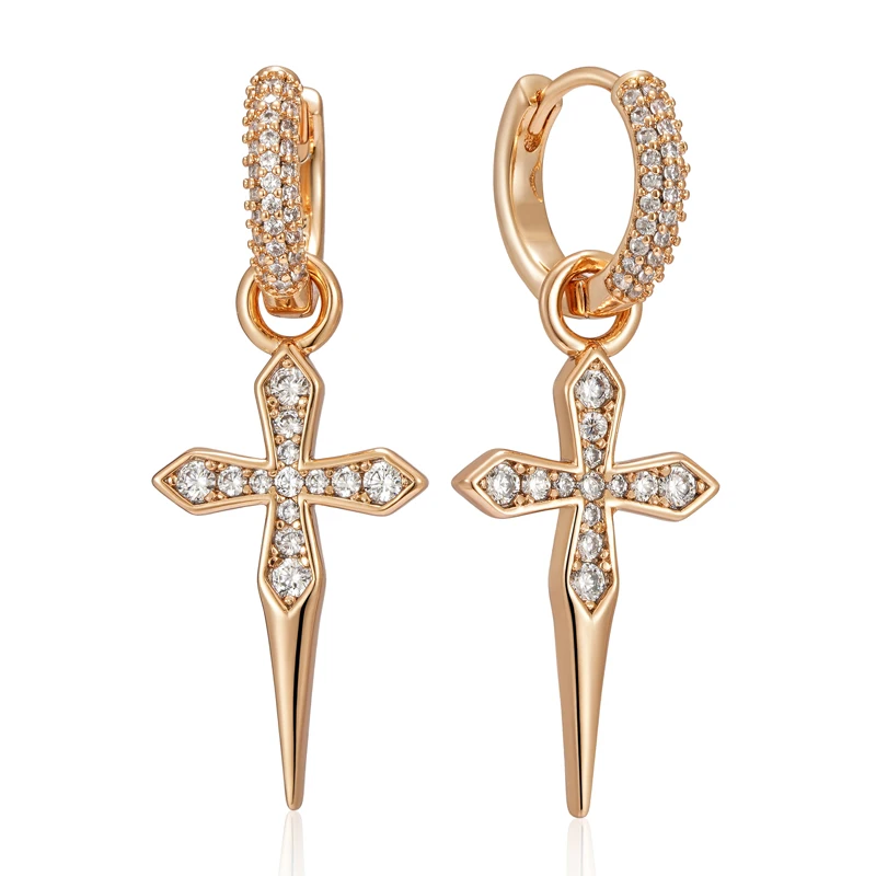 Kinel Luxury Cross Dangle Earrings for Women 585 Rose Gold Color With Natural Zircon Accessories Vintage Daily Fine Jewelry