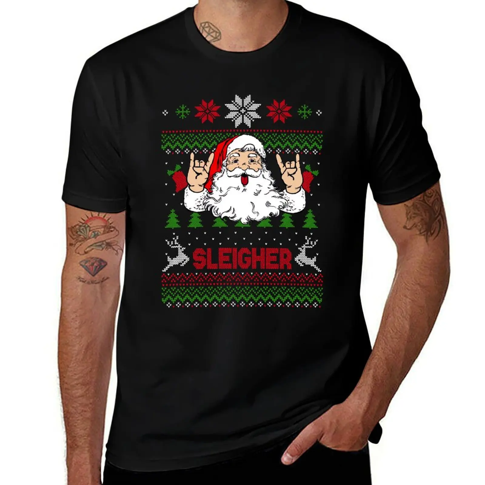Sleigher Heavy Metal Music Hail Santa Funny Ugly Christmas T-Shirt Festive Simple T-Shirt