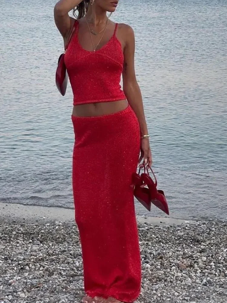 2026 New Summer Skirt Suit Fashion Sexy Solid Sequins Beach Skirt 2 Piece Set Women Spaghetti Strap Tops High Waist Beach Skirt