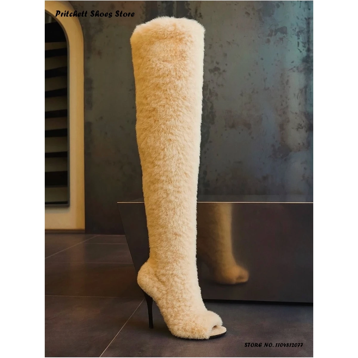Women's Furry Over-the-knee Boots Autumn Winter Street Style Slip On Thigh High Boots Round Open Toe Thin Heels Trending Shoes