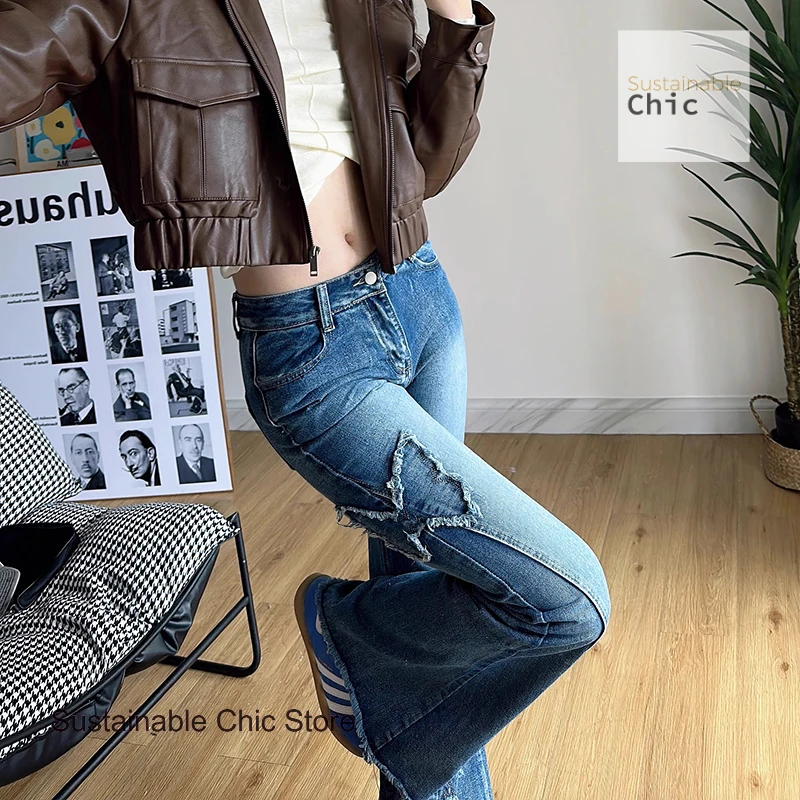 American high street retro spice butterfly embroidery micro-la jeans women's summer new plus size women's slim wide-leg pants