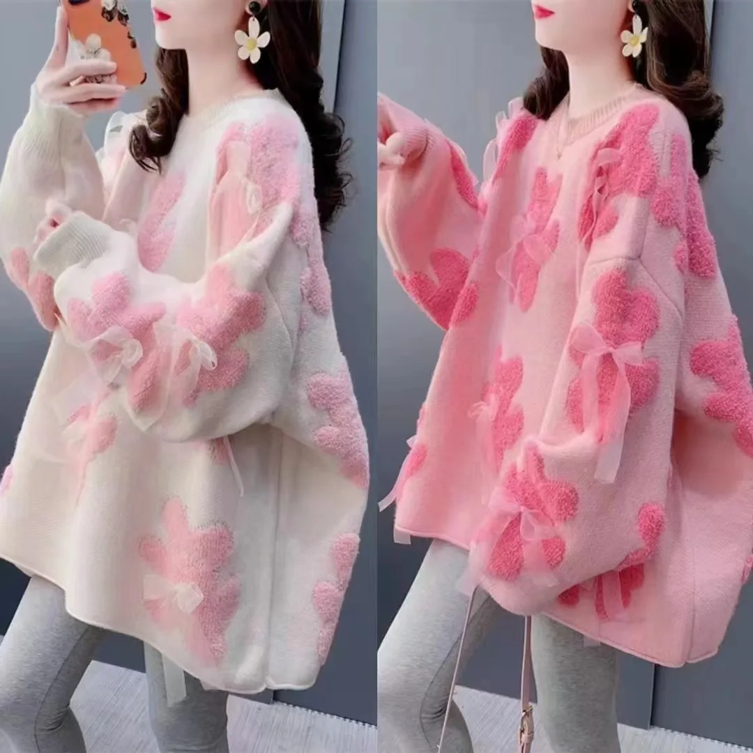 Cartoon Pink Women Sweaters Bows Autumn Winter Korean Fashion Sweet Pull Femme Kawaii Loose Warm Retro Pullovers