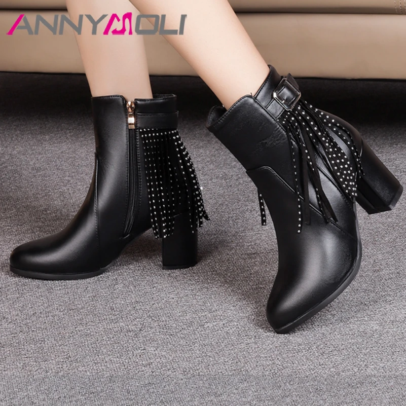 ANNYMOLI-Botines de punta redonda para mujer, zapatos de tacón alto grueso, borla, hebilla, cremallera, remaches, botas cortas, moda, invierno, negro, 46