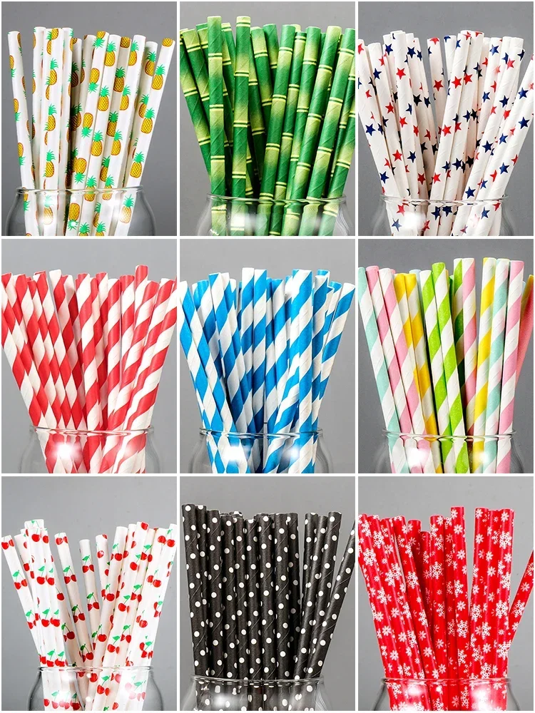 100pcs Disposable Paper Colorful Striped Straw Biodegradable Decorative Drinking Straws Eco-Friendly Birthday Party Supplies