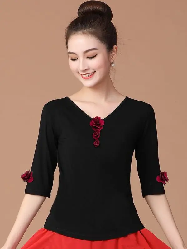 classical-dance-practice-uniform-top-modern-dance-square-dance-clothing-women's-sleeveless-asymmetric-body-shape-rose-pattern