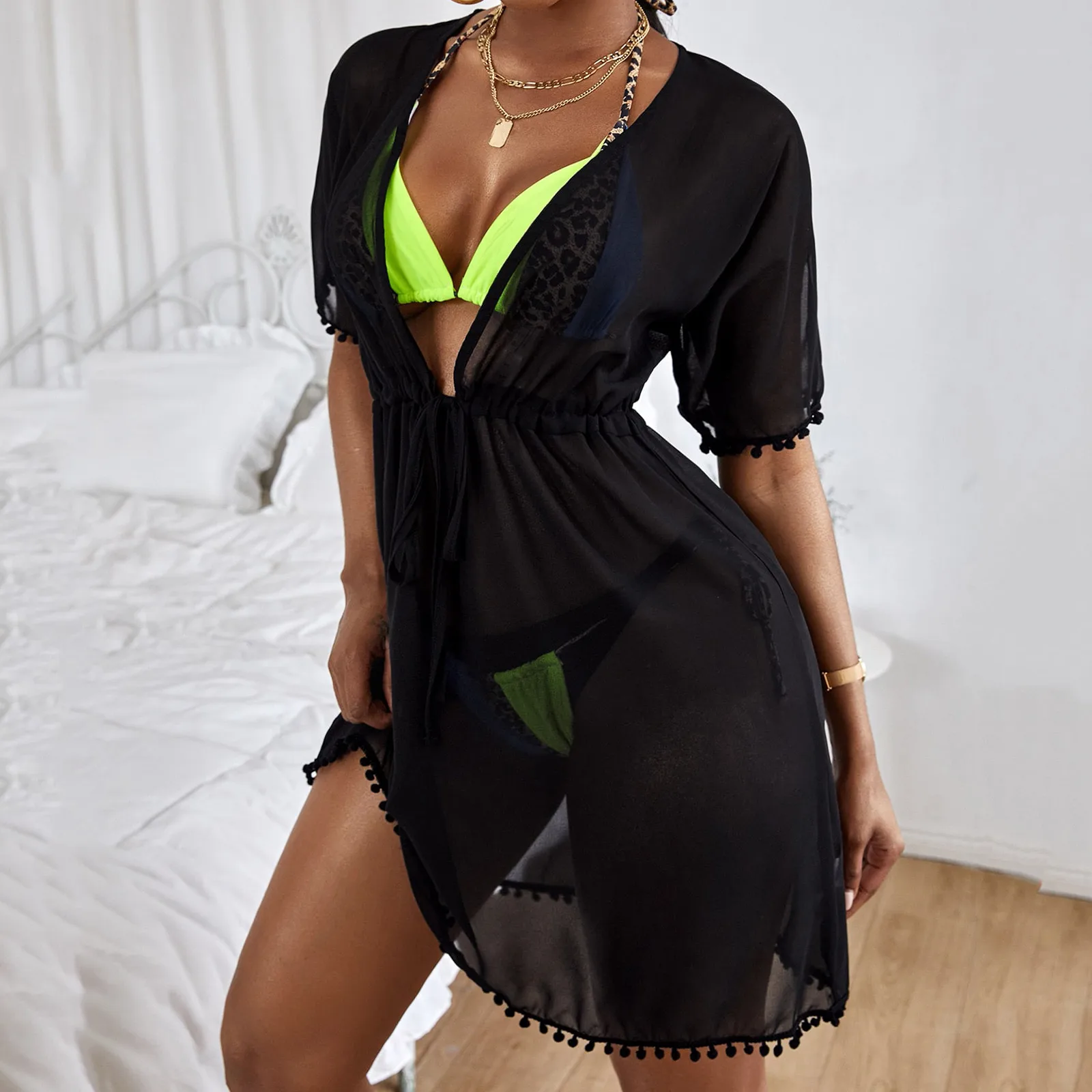 Women Sheer Mesh Cover Up 2024 Hot Sale Beachwear Bikini Wraps Solid Sheer Chiffon Sexy Tunic Cover Up Swimwear Mesh Sundress