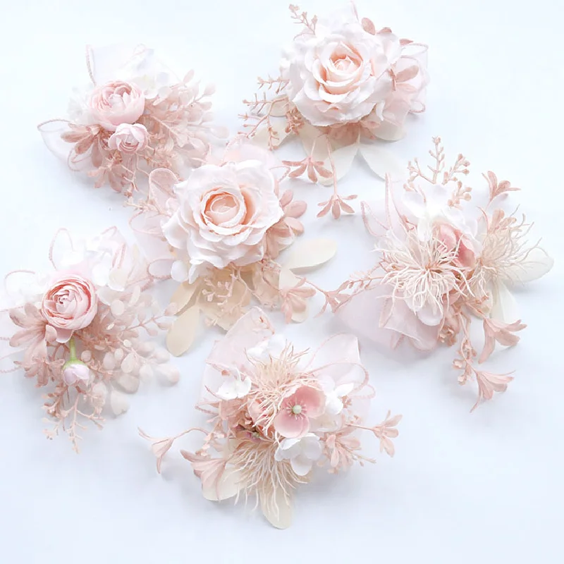 Boutonniere And Wrist Corsage Business Celebration Simulation Flower Wedding Supplies Photography Props Champagne Pink 479