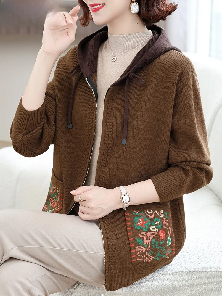 

Casual Hooded Open Cardigan Jaet Autumn Faion Large Size Women's Outerwear for Middle-Aged Mothers Autumn New Arrival