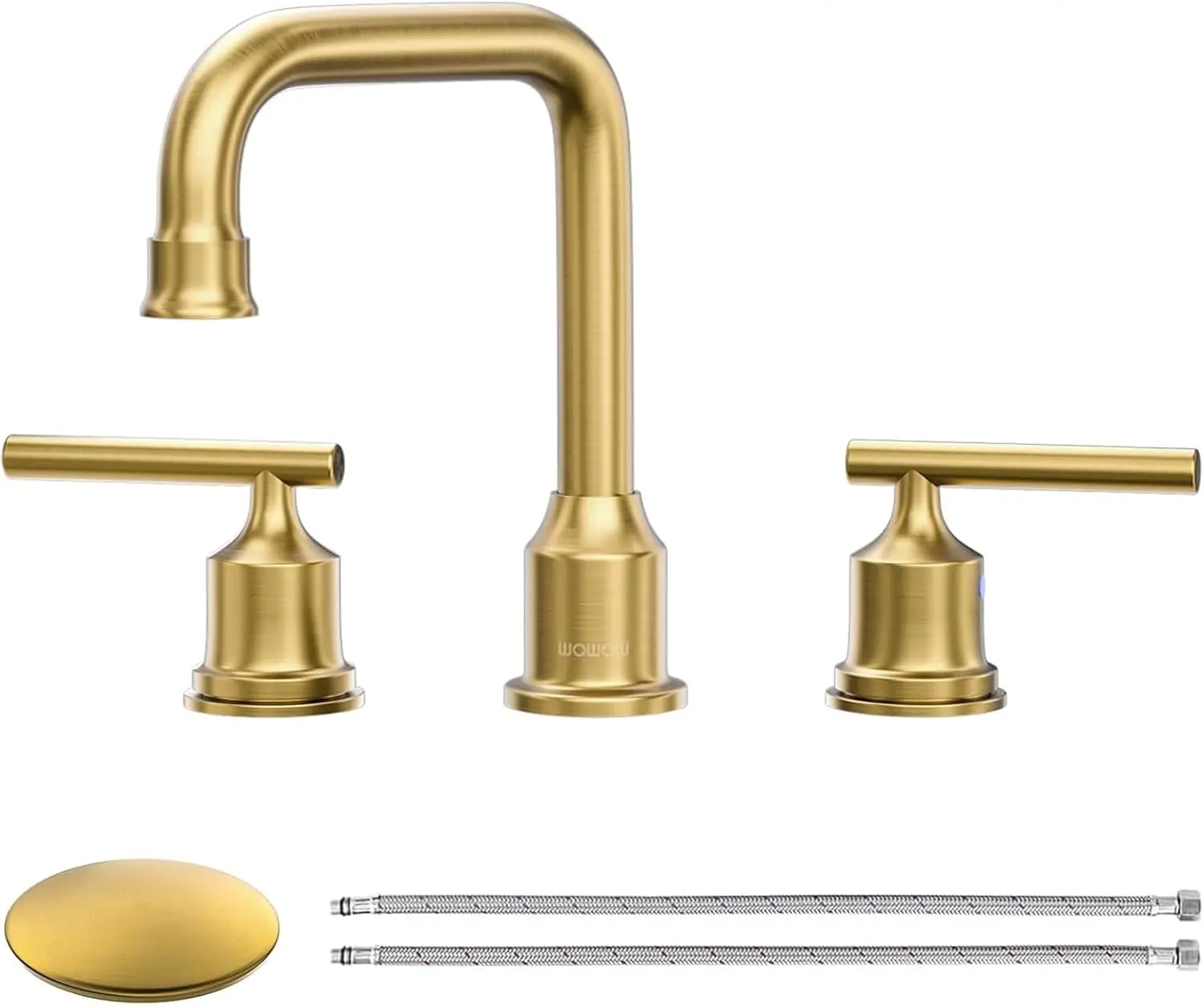

Brushed Gold Widespread Bathroom Faucet 2 Handle 3 Hole Lavatory Faucet with Drain and Supply Hoses