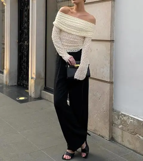 2026 Spring New Pure Desire Style One Shoulder Top Women's Design Sense Long Sleeve Slimming Jacquard Knitted T-Shirt