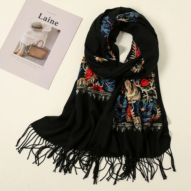 Embroidery Cashmere Scarfs Women Winter Tippert Flower Pashmina for Women Winter Warm Shawl Tassels Vintage Scarves for Ladies