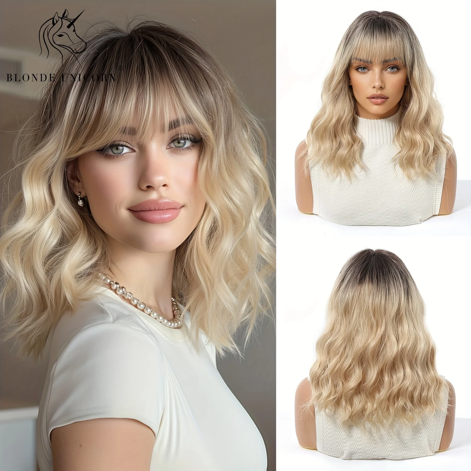 

Brown to Blonde Ombre Synthetic Wig Short Curly with Straight Bangs for Women Heat Resistant Natural Look Hair for Daily Party
