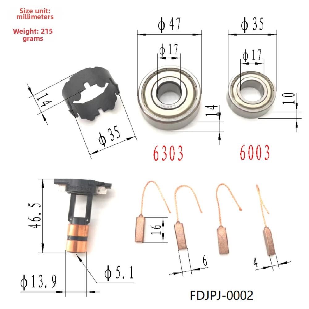 Car Alternator Maintenance Kit Containing 6303 6003 Bearings Carbon Brushes Slip Rings and Dust Clips for Reliable Conductivity