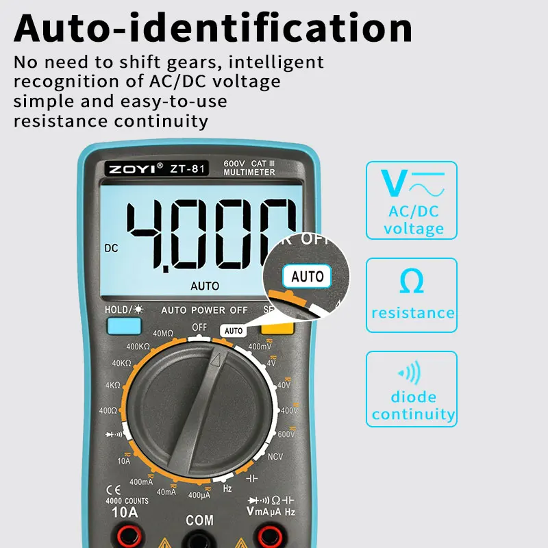 ZOYI ZT-81 Mini Digital Multimeter, High-Precision Auto-Ranging Smart Anti-Burn, Multifunctional Meter for Electrician Repair view 5