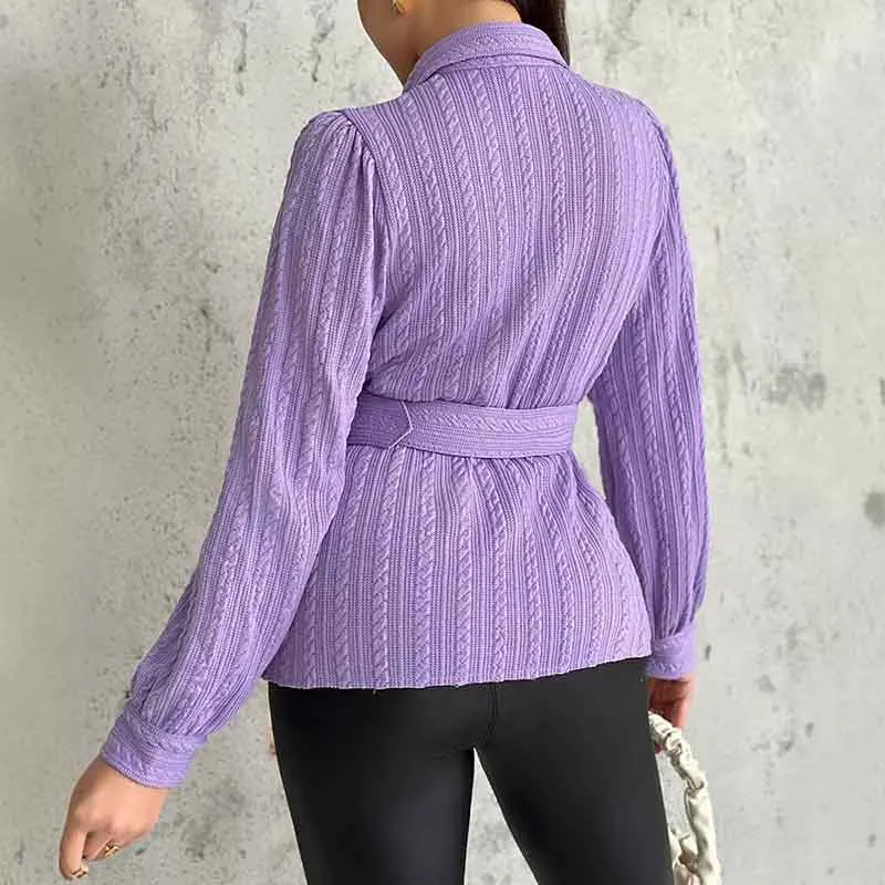 

Elegant Purple Long Sleeved Blouses Lapel High Waist Tie Shirt for Women Spring Autumn 2024 New Single-breasted Women Shirts