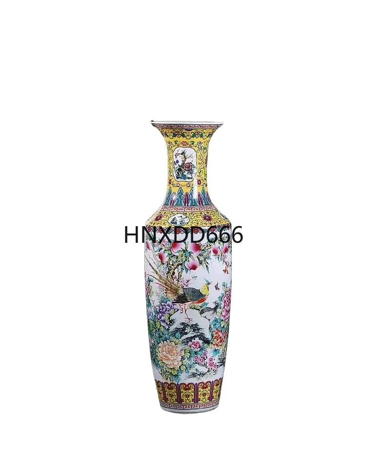 

Pottery Famille Rose Hand Drawning Peacock Vase Decoration Floor Large Vase Hotel Living Room Home Decorations