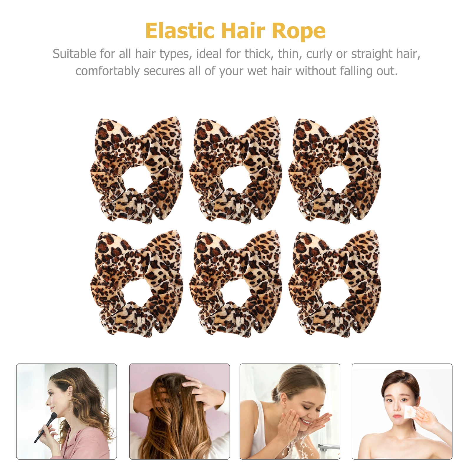 

6pcs Leopard Print Rings Scrunchies Elastic Ponytail Holders Women Girls Animal Ears Design Wrist Wearable Hair for Thick