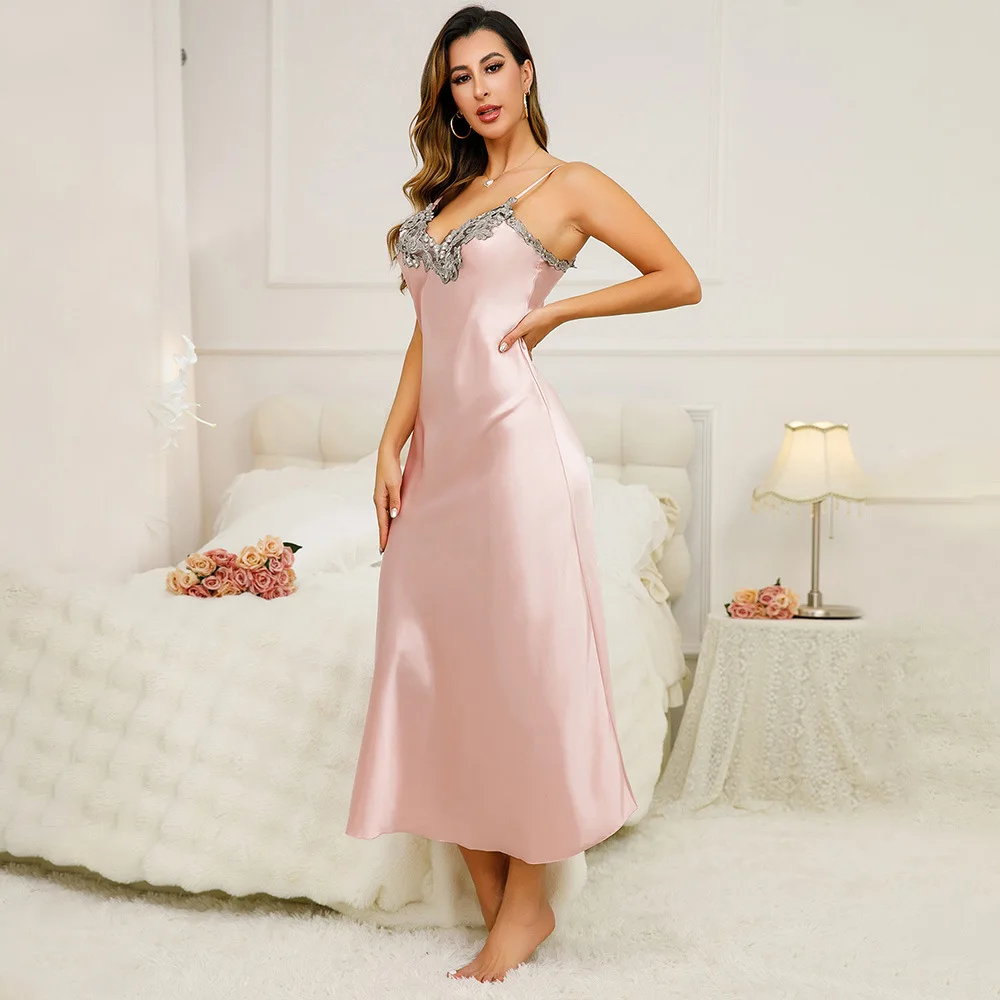 

Новые высококачественные пижамы для женщин, сексуальное платье с разрезом с открытой спиной, летнее домашнее платье на бретелях, ночная рубашка из шелкового ледяного шелка