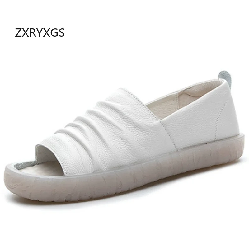 ZXRYXGS Premium Soft Cowhide Pleated Fish Mouth Sandals 2026 New Summer Real Leather Sandals Flat Soft Comfortable Women Sandals