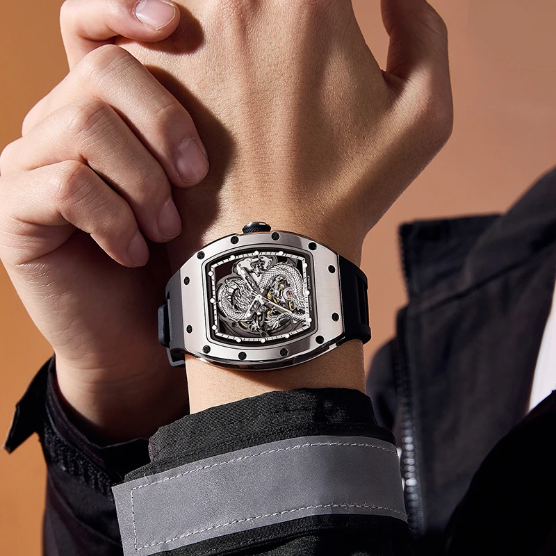 

Dragon Mechanical Watch Men Tonneau Barrel Case Automatic Skeleton Stainless Steel Wristwatch Luminous Waterproof Silicone Strap