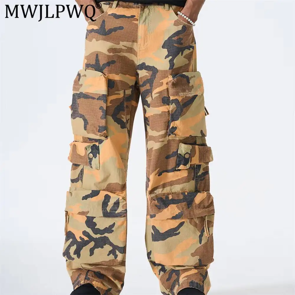 MWJLPWQ Camouflage Multi-Pocket Cargo Pants For Men Trendy Punk Style Distressed Design Niche Functional Wide-Leg Trousers 17305