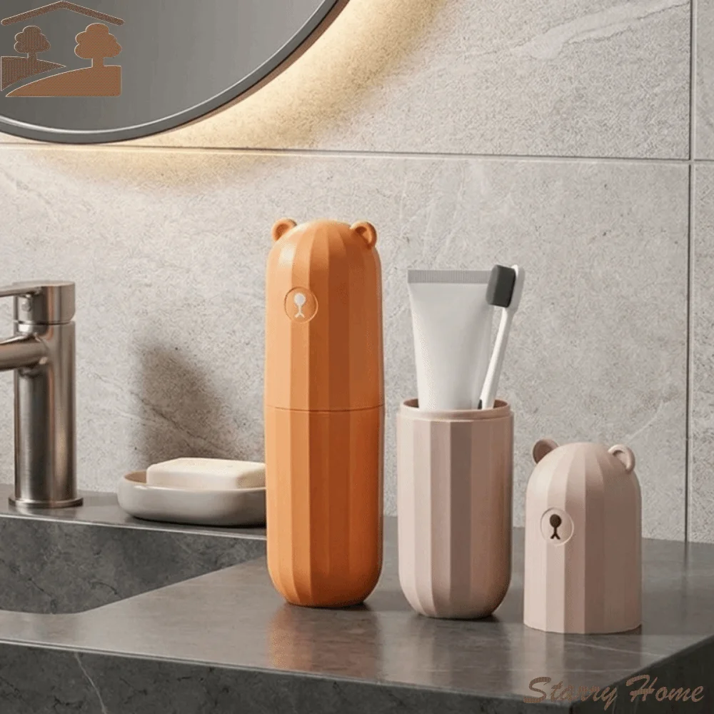 Plastic Travel Toothbrush Cup Large Capacity Cartoon Bear Toothpaste Holder Waterproof Dust-proof Toiletries Storage Cup Travel