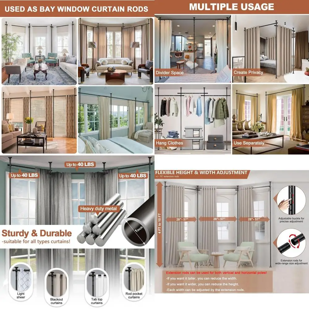 

Adjustable Heavy-Duty Floor-to-Ceiling Tension Rod Room Divider, 28-171 Inch Wide, 4-10 Feet High, Matte Black