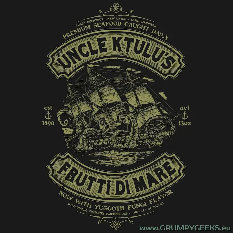 Uncle Ktulu's Frutti di Mare - H.P. Lovecraft's Call of Cthulhu inspired horror themed t-shirt, screen printed by hand