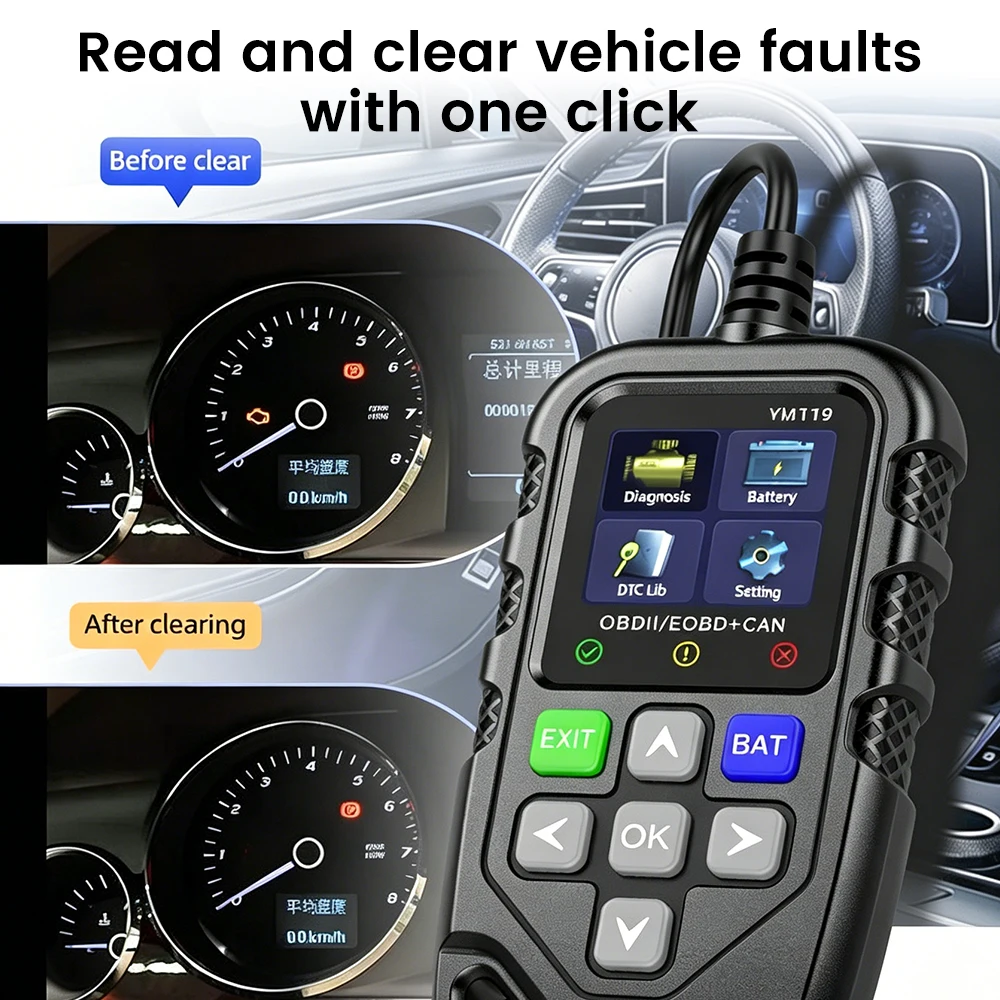 Car Engine Code Reader OBDII CAN Scan Tool, Vehicle Fault Code Eraser with Battery Test DTC Database I/M Readiness Check