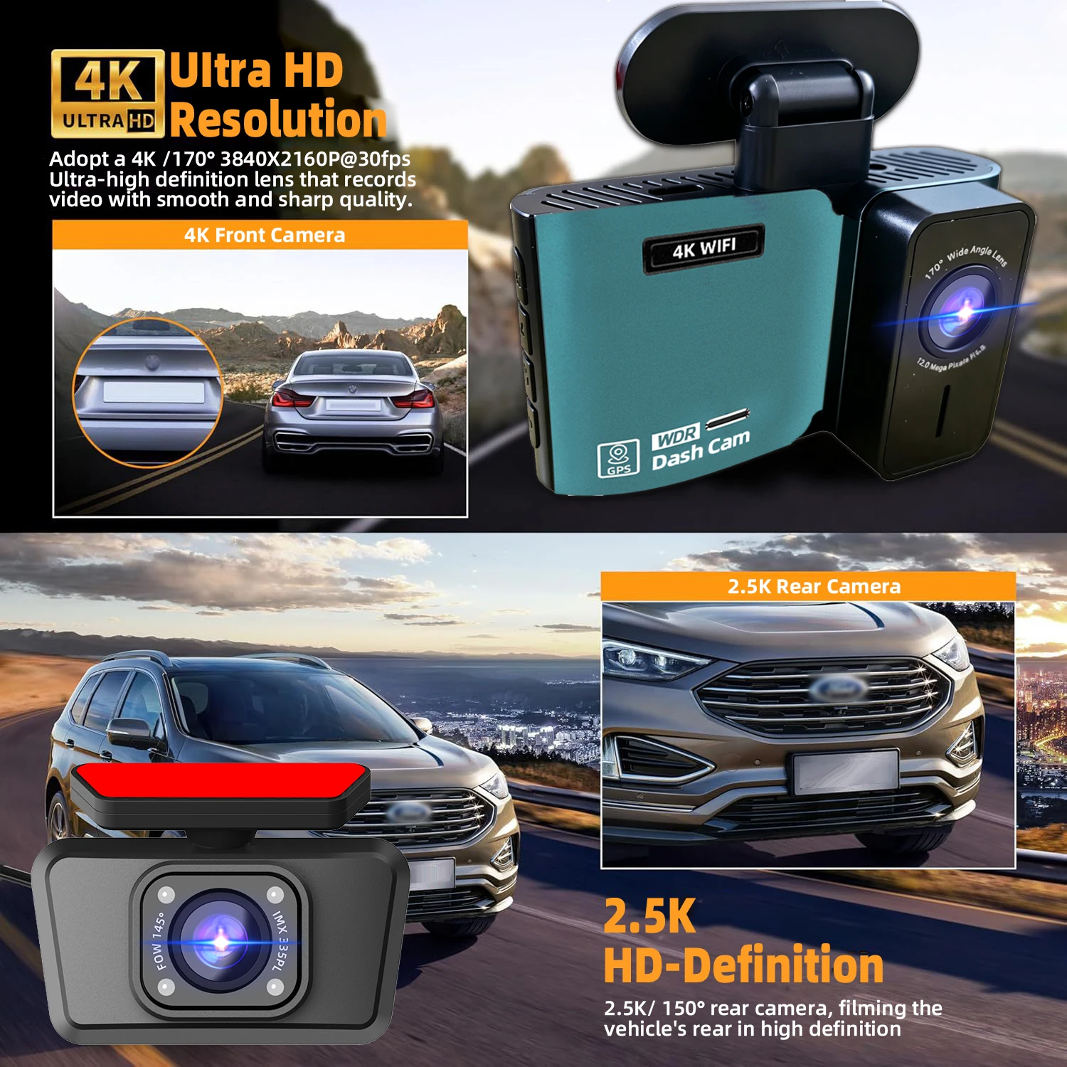 Dash Cam 4K Front Camera WiFi Driving Recorder Optional 2.5K Rear Camera GPS Supports 24H Parking Monitoring Car DVR - view 4