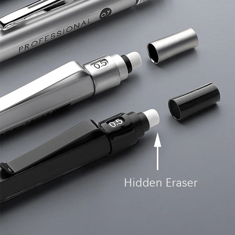 0,3 0,5 0,7 0,9 2,0 mm Zeichnung Automatische Bleistifte Niedriger Schwerpunkt Einziehbare Spitze Metall Druckbleistift mit Radiergummi – Detail 4