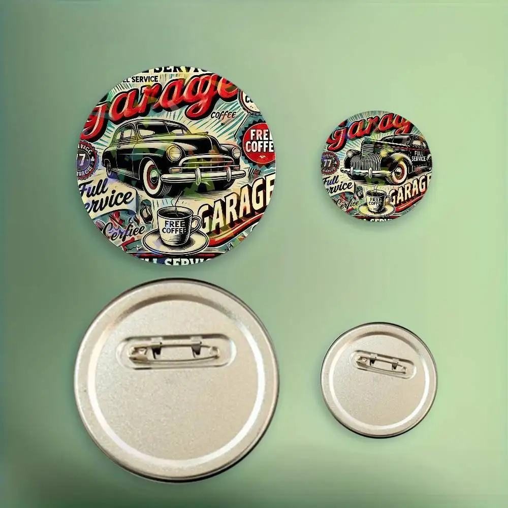 Vintage Garage Service Station Free Coffee h Badges Peripheral Lapel Pins Round Brooch Accessories Souvenir Gifts