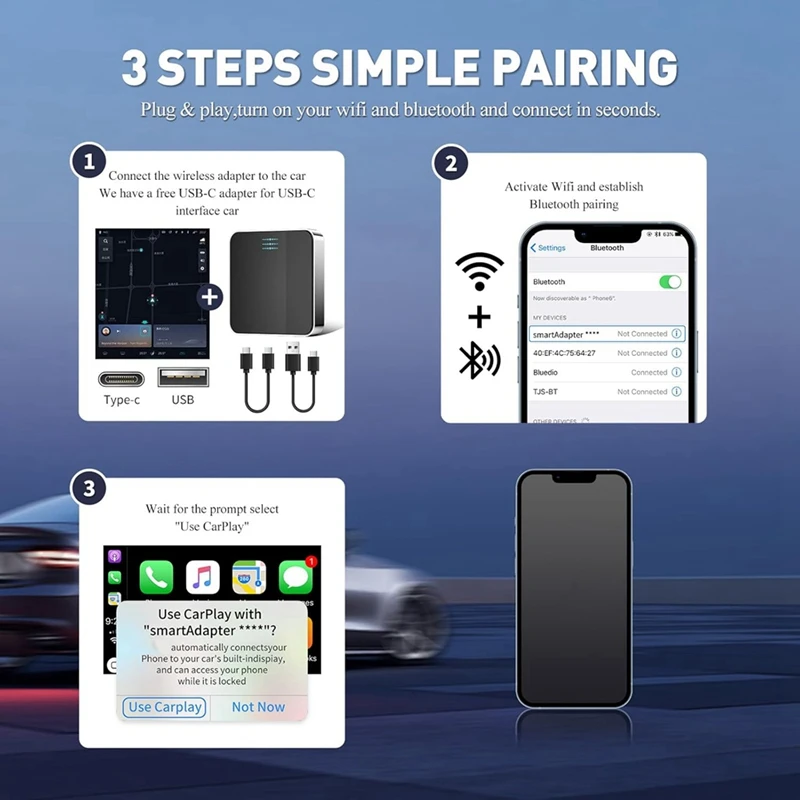 Adaptor Carplay nirkabel, kabel Plug dan Play ke kotak pintar Carplay nirkabel, cocok untuk mobil dari 2015 & untuk Iphone IOS 10 +