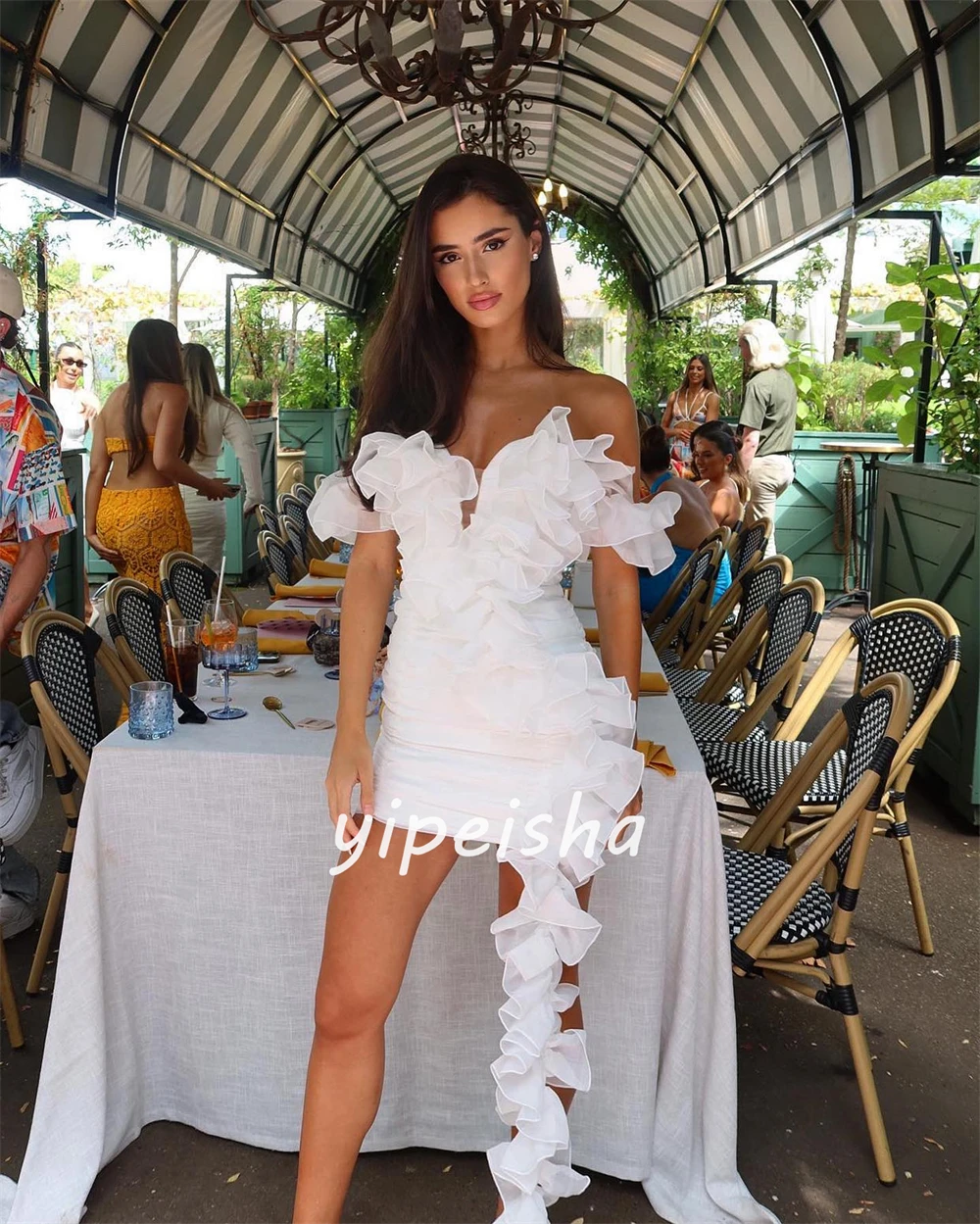 Sparkle Exquisite High Quality Jersey Ruched Beach A-line Off-the-shoulder Bespoke Occasion Gown Mini Dresses